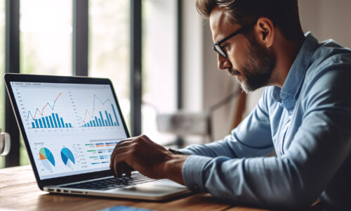 Data analysis to increase sales and revenue. Man sitting with laptop and working with growing graph. Business data analytics concept. Generative ai.